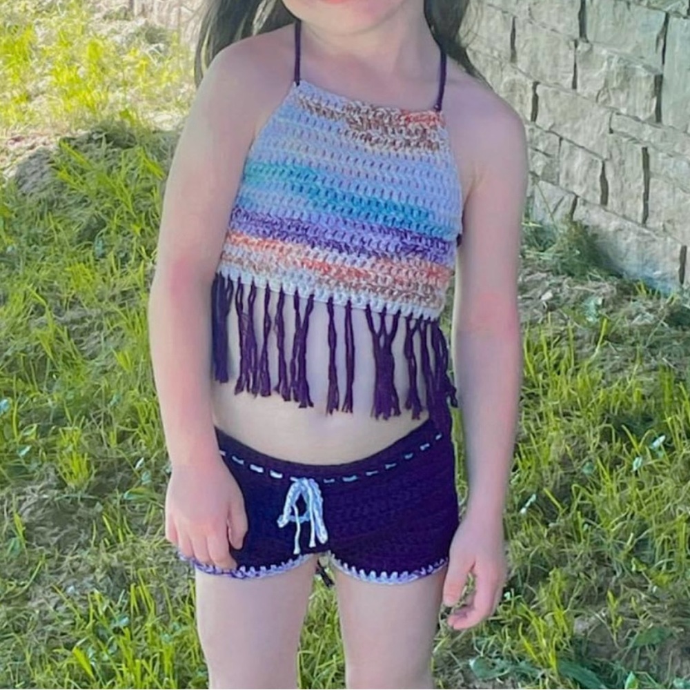 Handmade Purple Crochet Kids Matching shorts and top.  SIZE 4T